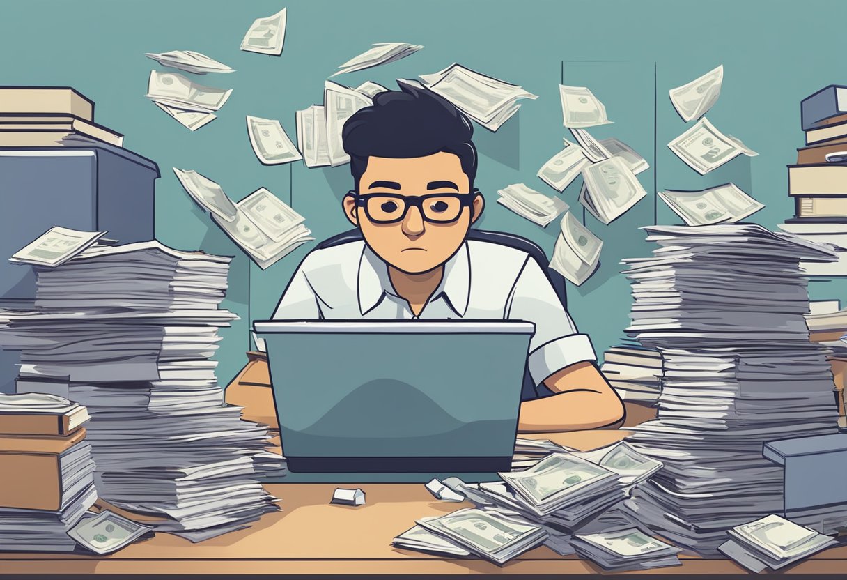 A person shredding personal loan documents with a determined expression, surrounded by financial books and calculators