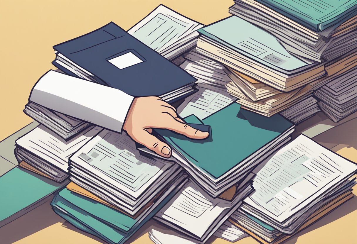 A pile of unpaid personal loan documents stacked high, with a hand reaching out to grab them, surrounded by financial books and calculators