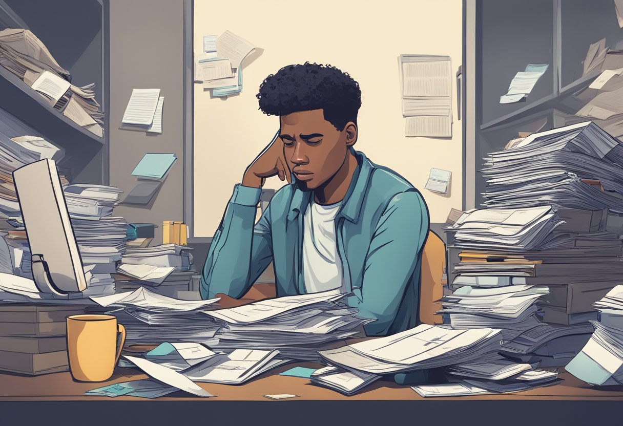 A person sitting at a cluttered desk, surrounded by medical bills and paperwork. A look of stress and worry on their face as they try to figure out how to manage their debt