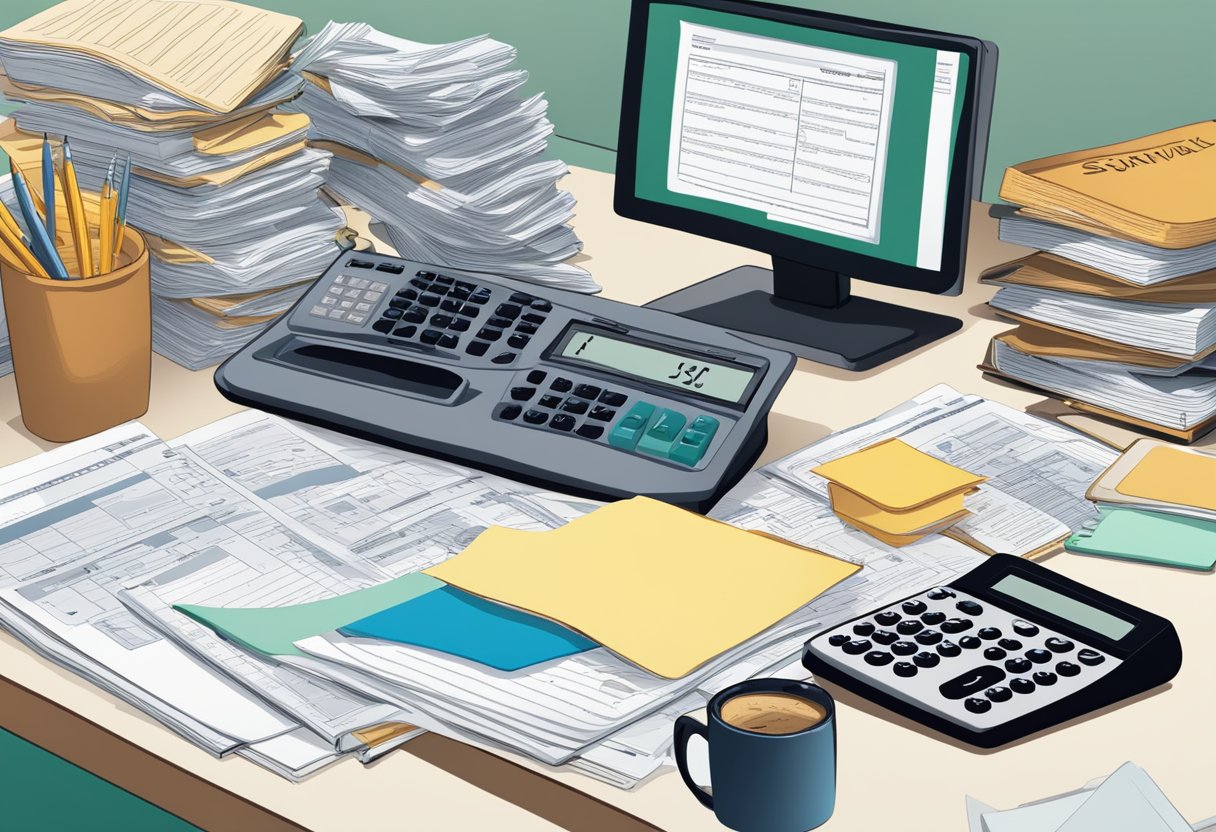 A cluttered desk with piles of paperwork, a calculator, and a computer screen displaying tax forms. A book titled "The Back Taxes Survival Guide" is prominently featured