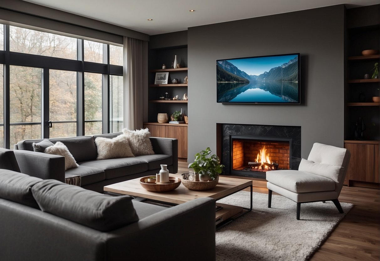 A spacious living room with a large sofa facing a fireplace, a coffee table in the center, and two armchairs positioned across from the sofa. A TV is mounted on the wall opposite the sofa