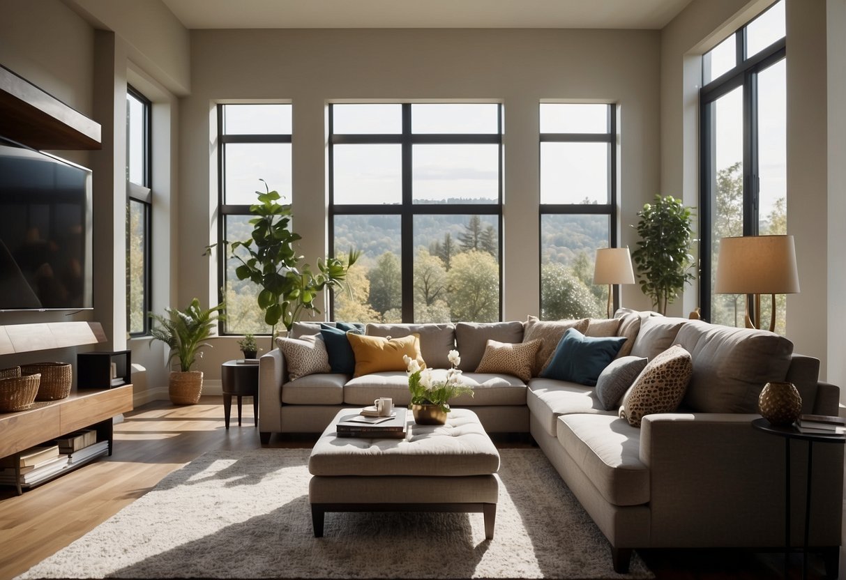 A spacious living room with natural light streaming in through large windows. Furniture is arranged to maximize space and flow, avoiding common layout mistakes