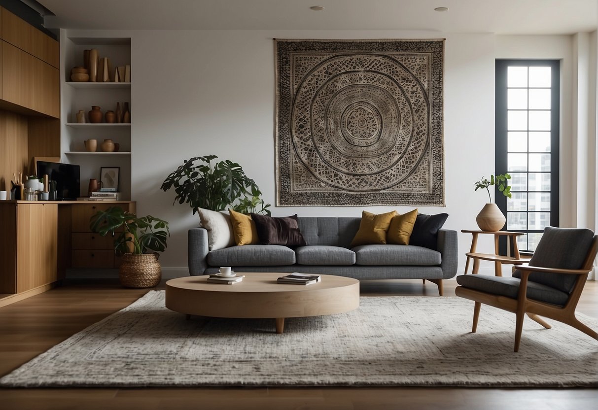 A rug is placed off-center in a living room, while the artwork is hung too high. The furniture is pushed against the walls, creating a disconnected feel