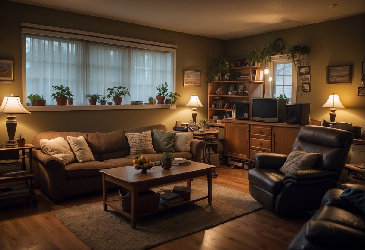 A cluttered living room with mismatched furniture and poor lighting. A crowded layout with no clear focal point. Rearranging furniture and adding proper lighting can fix these mistakes