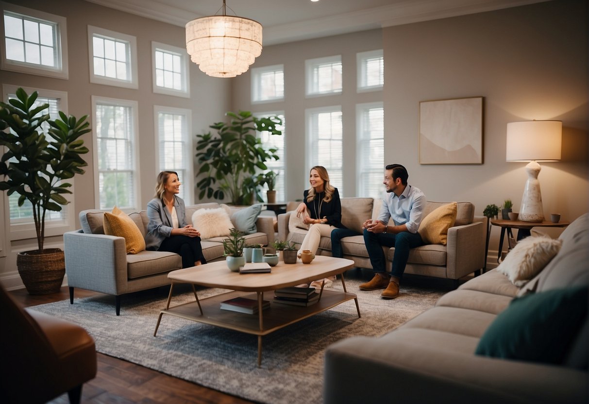 A group of professionals discussing common living room layout mistakes and brainstorming solutions. Furniture placement and lighting are key topics