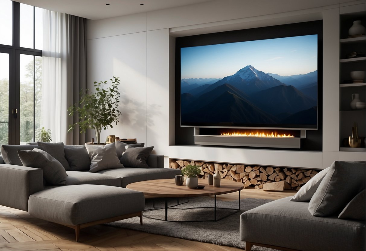 A living room with a large sofa pushed against the wall, leaving a big empty space in the middle. The TV is placed too high above the fireplace, causing neck strain