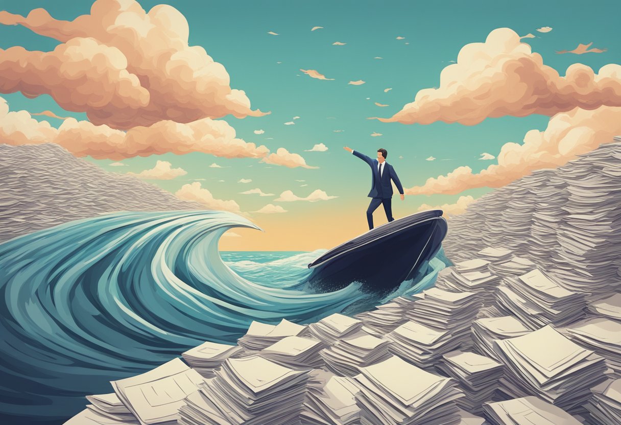 A figure struggles in a sea of loan documents, reaching for a distant shore