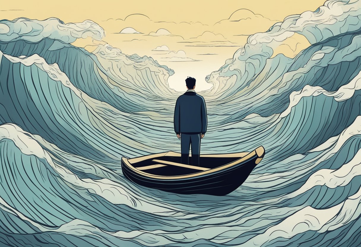 A person surrounded by waves of personal loan debt, struggling to stay afloat. A distant shore represents financial stability