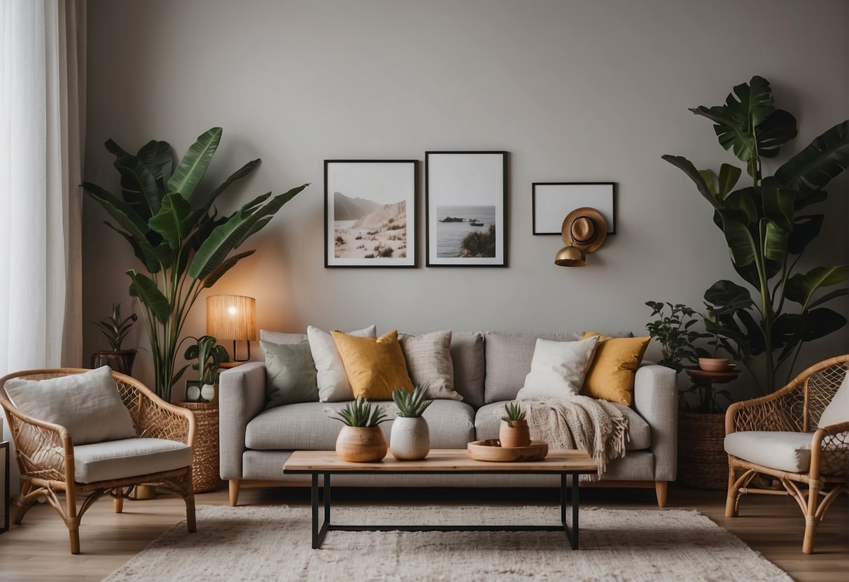A cozy living room with a mix of functional and decorative elements, such as shelves, framed art, plants, and mirrors, creating a stylish and inviting atmosphere