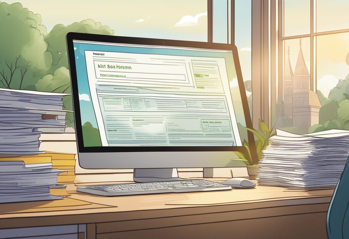 A pile of old tax documents sits on a desk, while a computer screen displays the Fresh Start Program website. A bright light shines through a window, symbolizing a new beginning