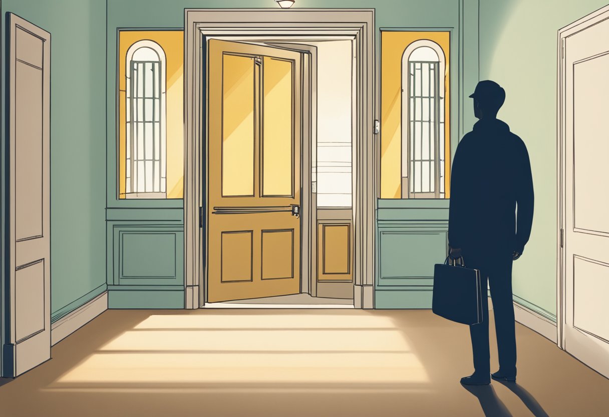 A person's shadow stands at the entrance of a bright, open doorway labeled "Fresh Start Program." The shadow is holding a stack of paperwork, and a beam of light illuminates the path forward