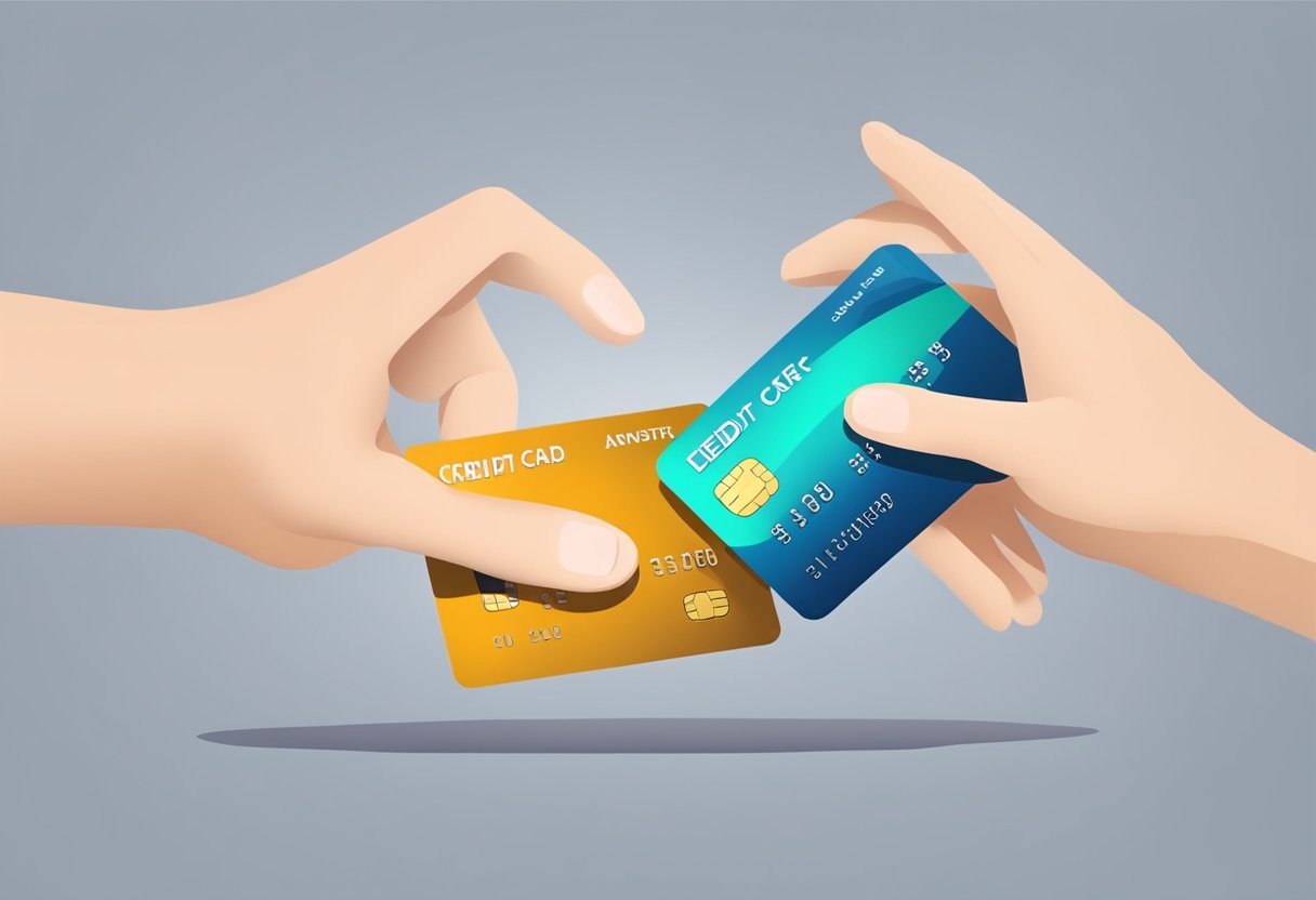 A credit card being transferred from one hand to another, symbolizing the effective utilization of balance transfers to combat credit card debt