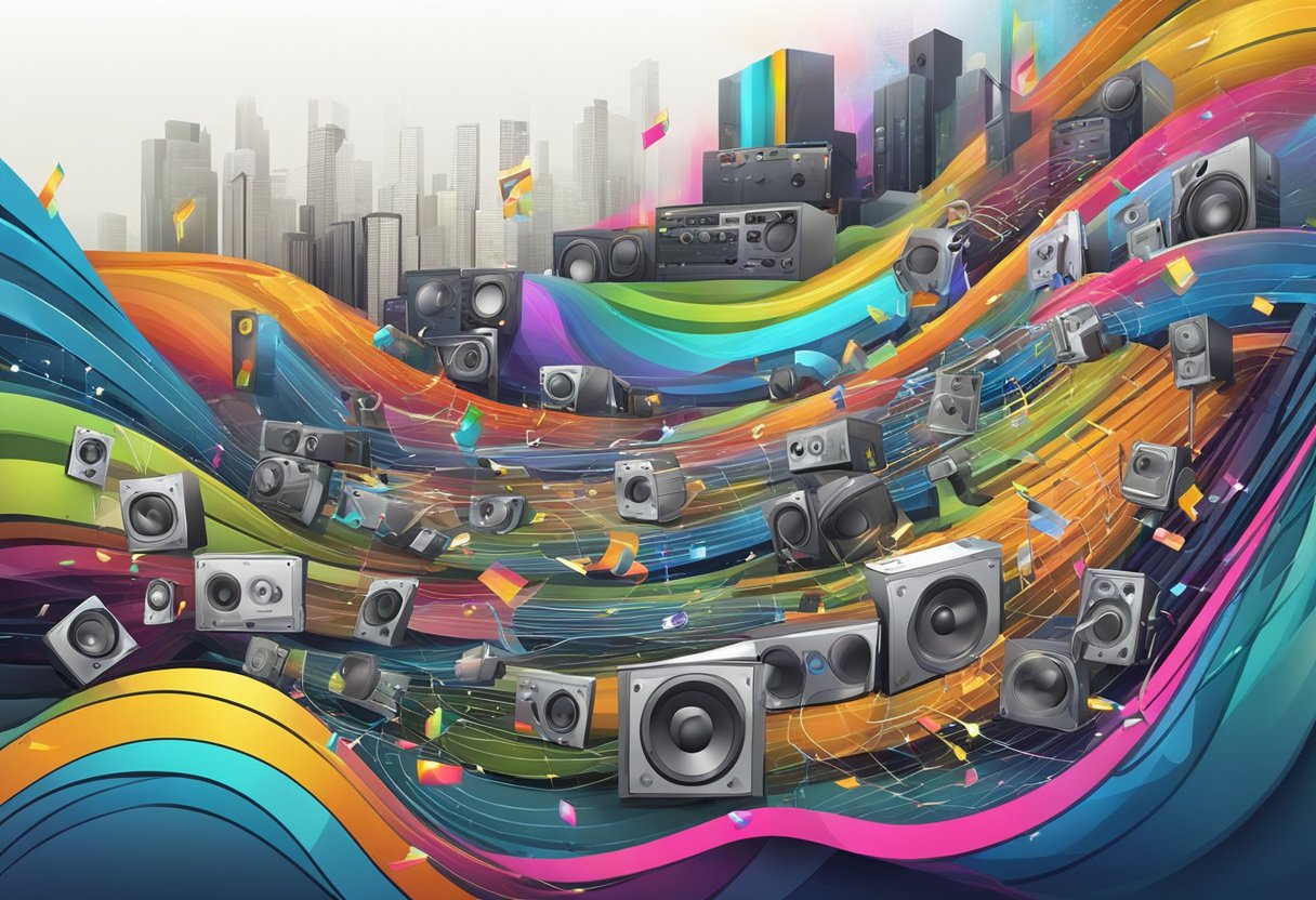 A wave of sound emanates from technological devices, creating a musical revolution