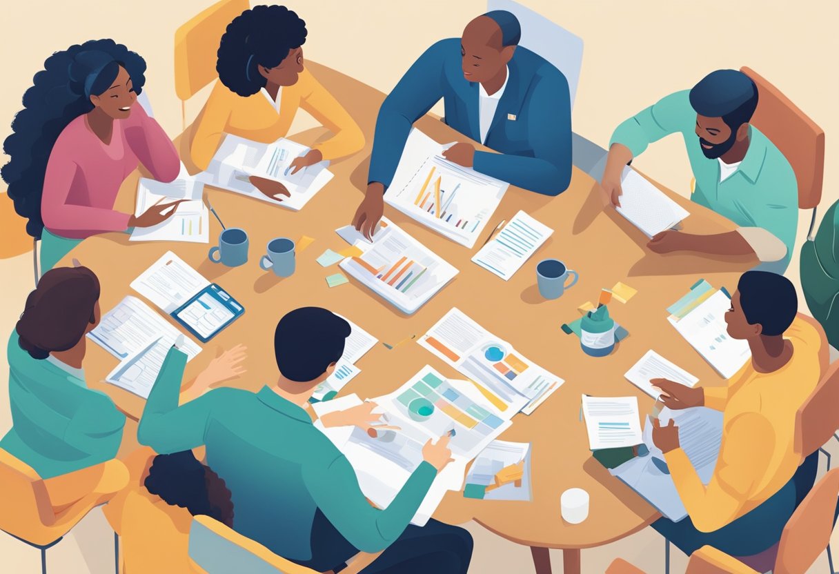 A diverse group of people gather around a table, discussing strategies for navigating charity care programs. Charts and educational materials are spread out, highlighting long-term solutions for medical debt relief