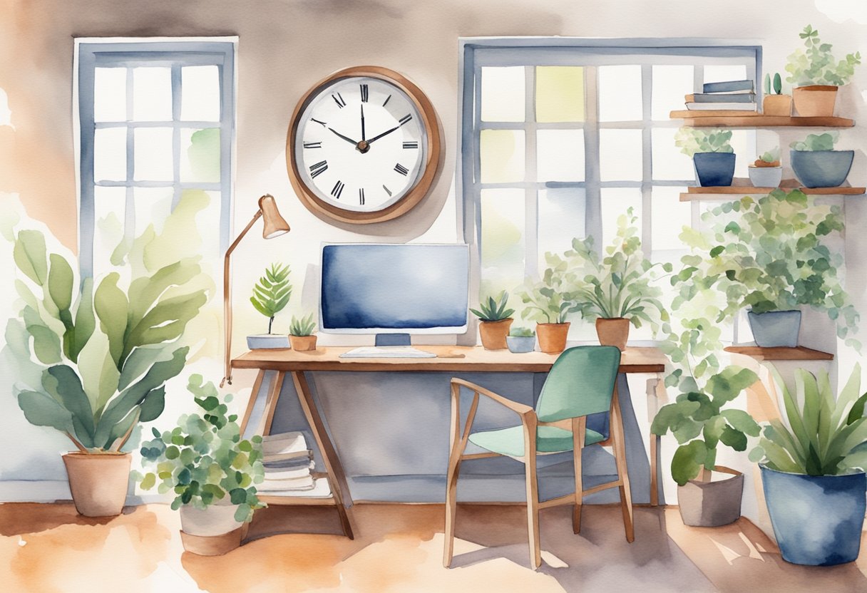 A serene, clutter-free workspace with natural light, plants, and calming colors. A clock showing regular breaks, a healthy snack, and a mindfulness corner