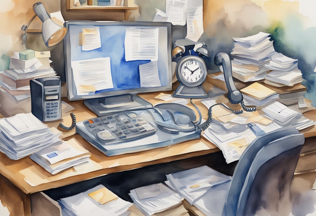 A cluttered desk with overflowing papers, a ringing phone, and a computer screen displaying multiple urgent emails. A clock on the wall showing the time as late evening