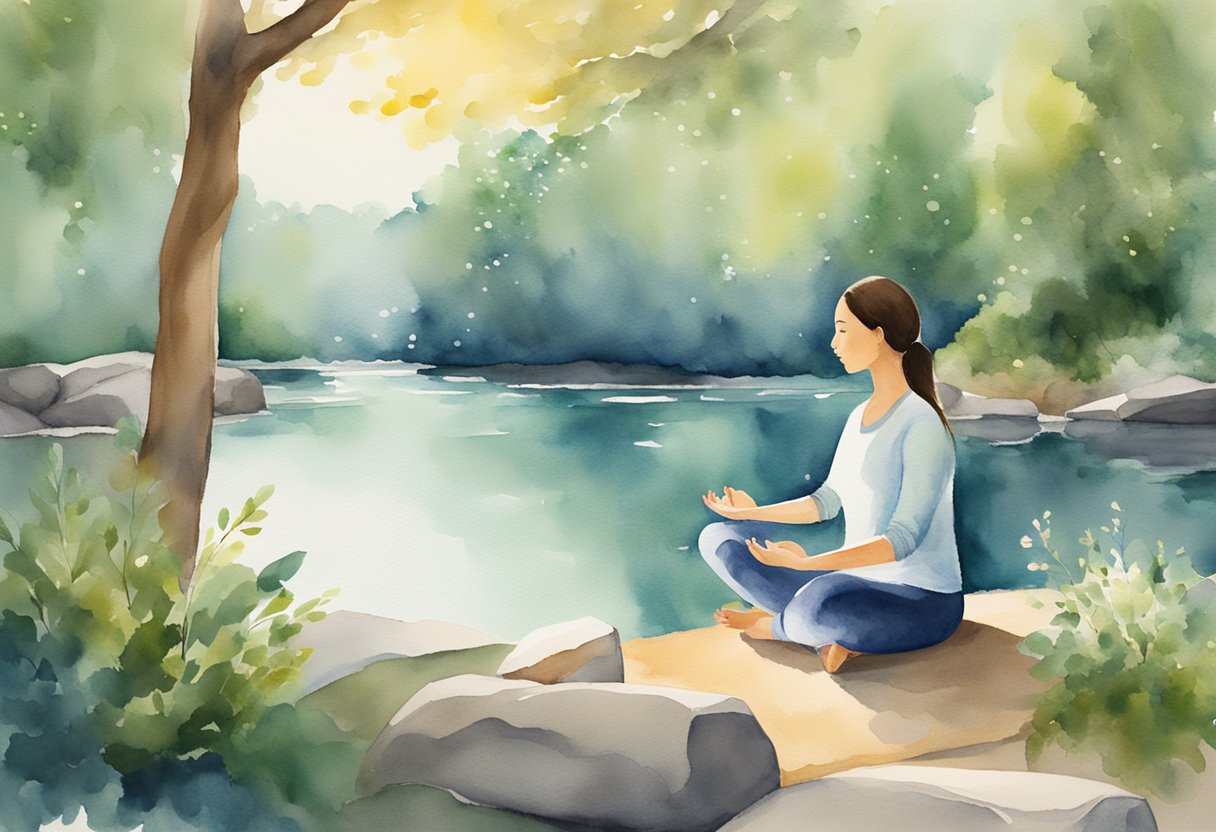 A serene nature scene with a person engaging in self-care activities such as yoga, meditation, and journaling. The setting should convey a sense of calm and tranquility, with elements of nature like trees, water, and sunlight