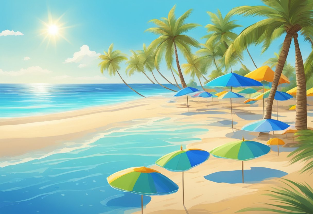 A sunny beach with clear blue water, palm trees swaying in the breeze, and colorful umbrellas dotting the sandy shore. The sky is a vibrant blue, and the sun is shining down on the tranquil scene