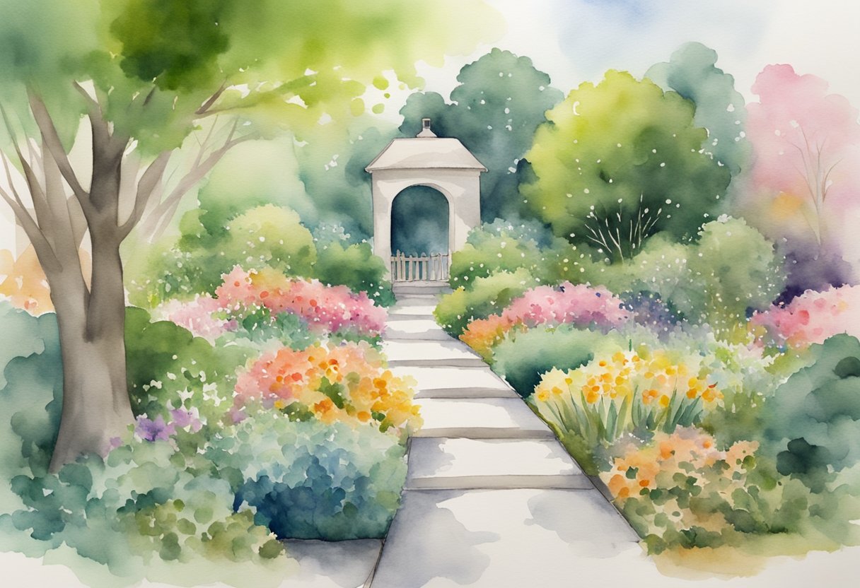 A serene garden with a clear path dividing it into two sections. One side is lush and vibrant, while the other is more minimalist and tranquil, symbolizing the importance of setting boundaries and practicing self-care