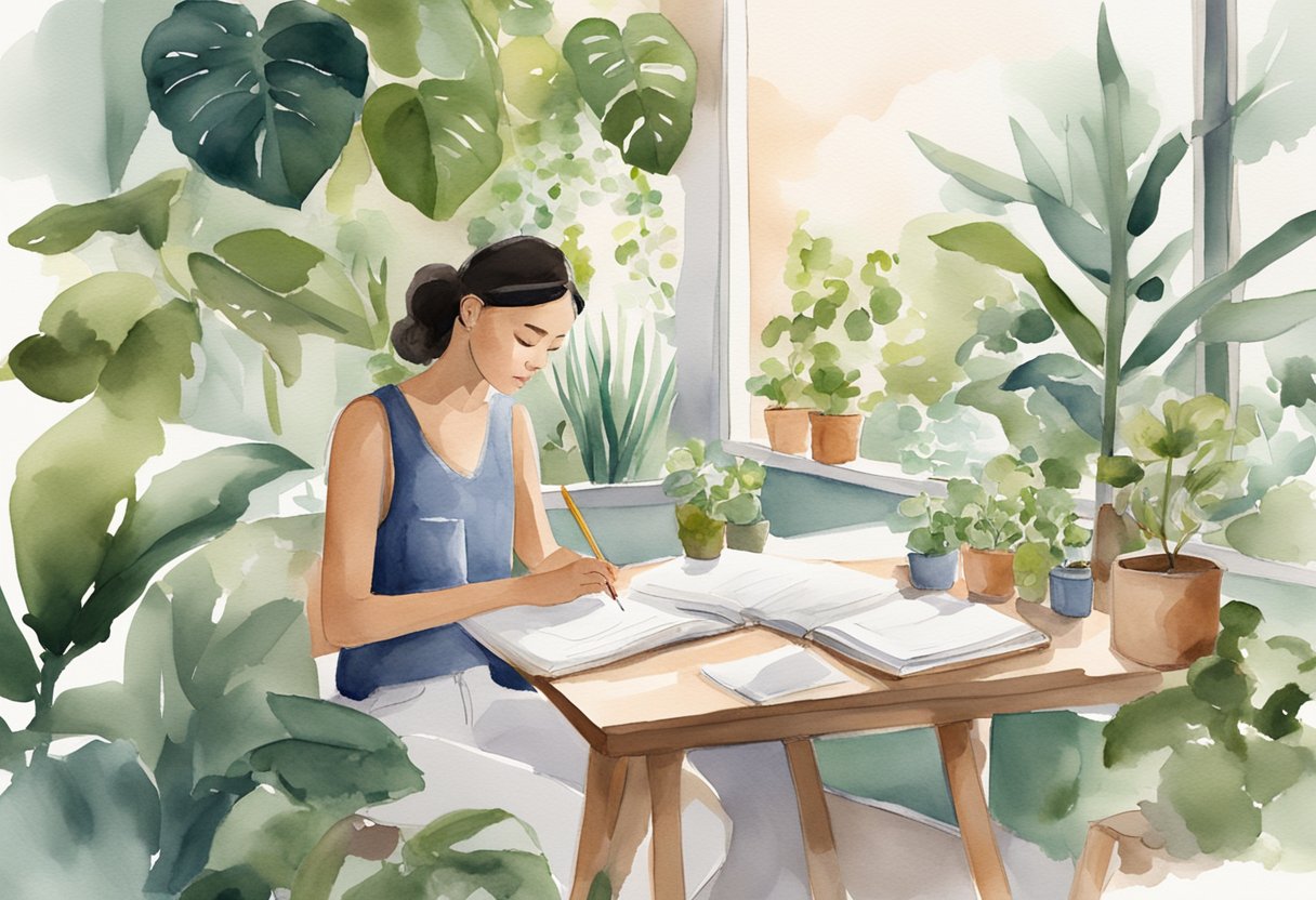 A person sits in front of a vision board, surrounded by plants and natural light. They are writing in a journal, with a look of determination on their face. The room is calm and serene, with a sense of purpose and clarity in the air