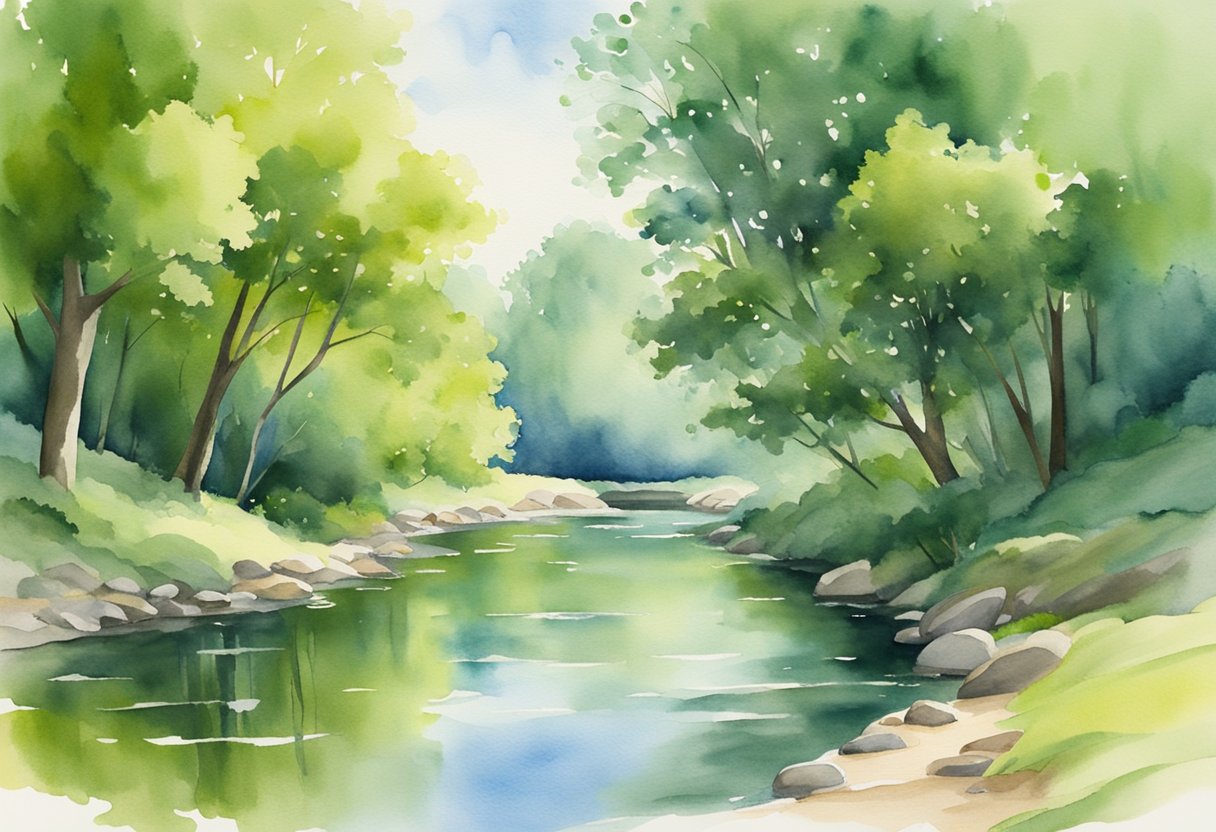 A serene nature scene with a calm river, lush green trees, and a clear blue sky, symbolizing tranquility and peace