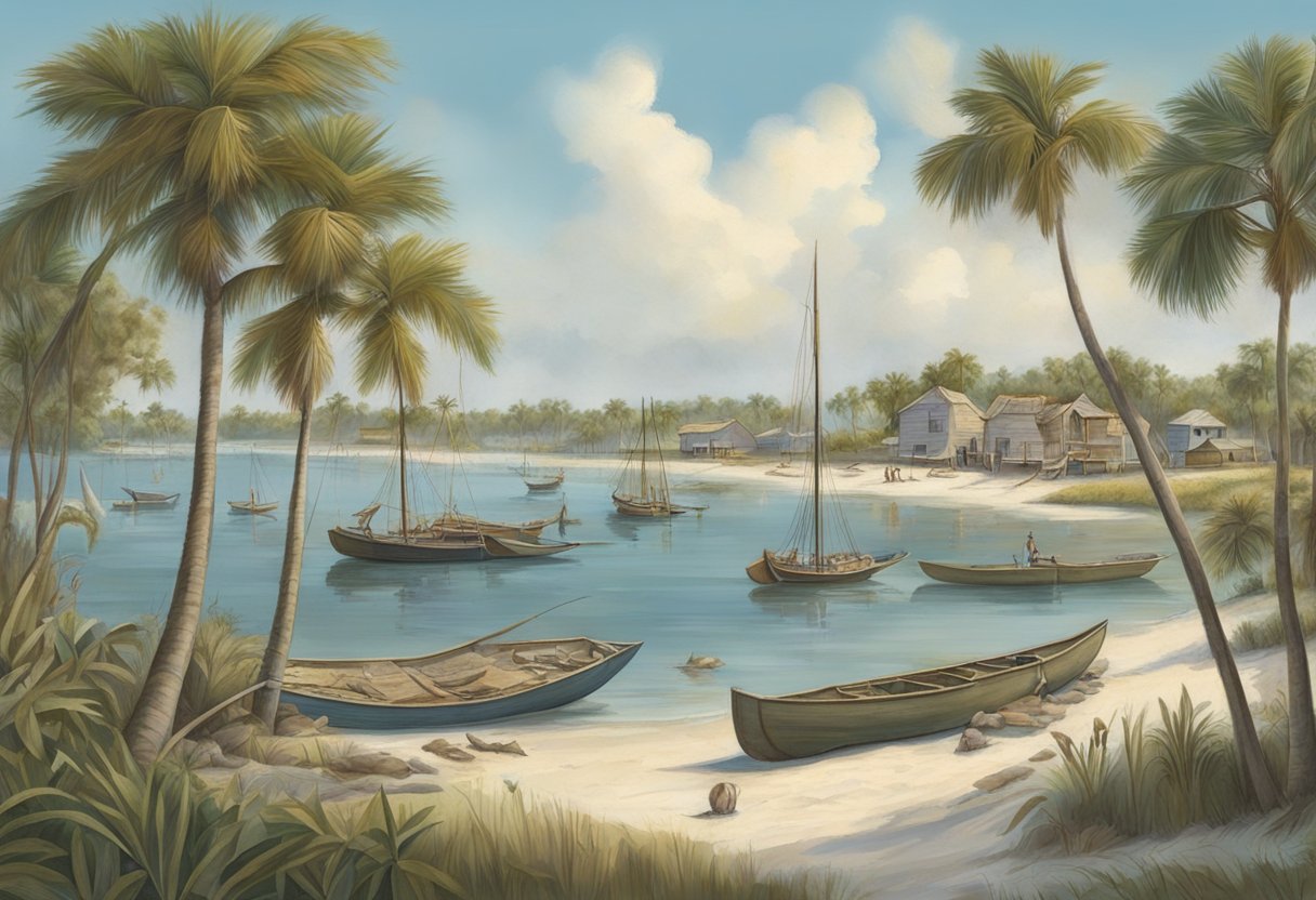 The early history of Sarasota beaches is depicted with native settlements, canoes, and fishing tools along the coastline