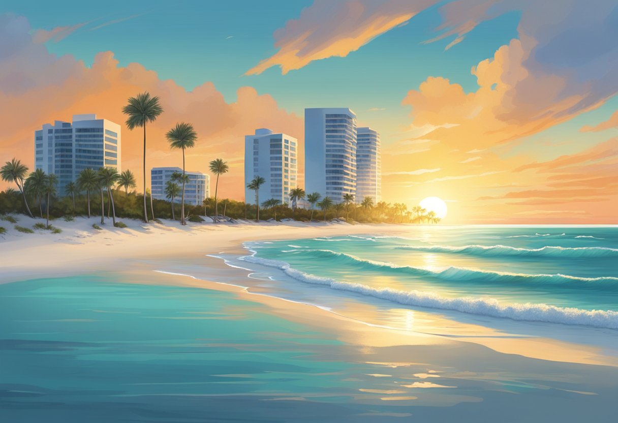 The sun sets over the modern Sarasota Beaches, with the turquoise waters glistening and the white sand stretching along the coastline