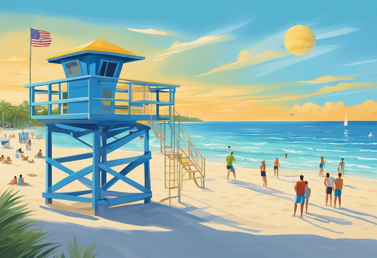 People playing beach volleyball, sunbathing, and swimming in the clear blue waters of Sarasota beaches. A lifeguard tower stands tall on the sandy shore, overlooking the vibrant scene
