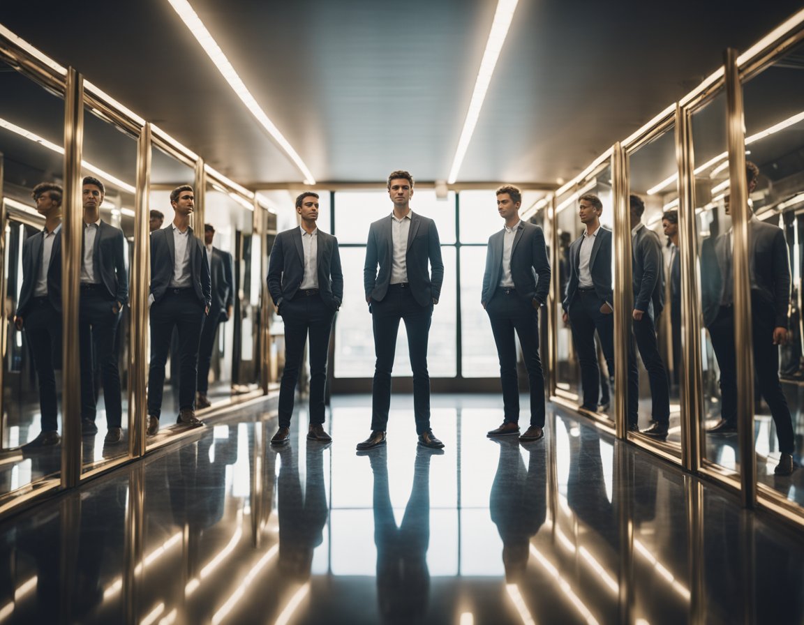 A figure standing confidently, surrounded by mirrors reflecting different versions of themselves, symbolizing the concept of idealized self-image and personal development