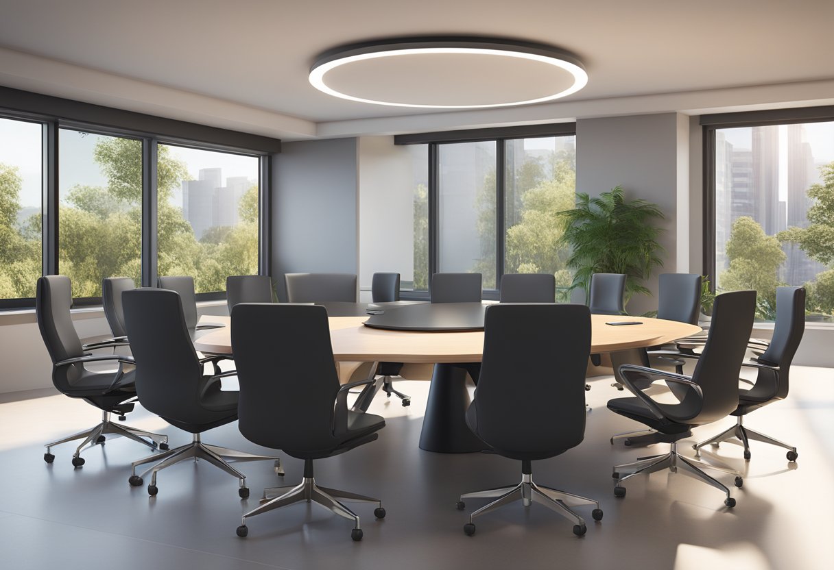A Polycom SoundStation IP 6000 Conference Phone sits on a sleek conference table, surrounded by chairs. The room is filled with natural light and modern decor