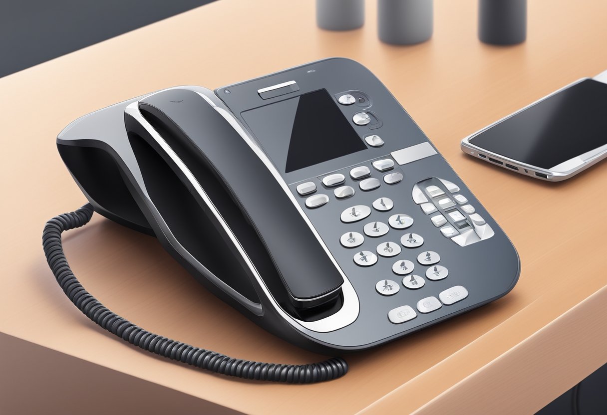 A sleek, modern conference phone sits on a polished table, with a digital display and illuminated buttons, surrounded by microphones for clear communication
