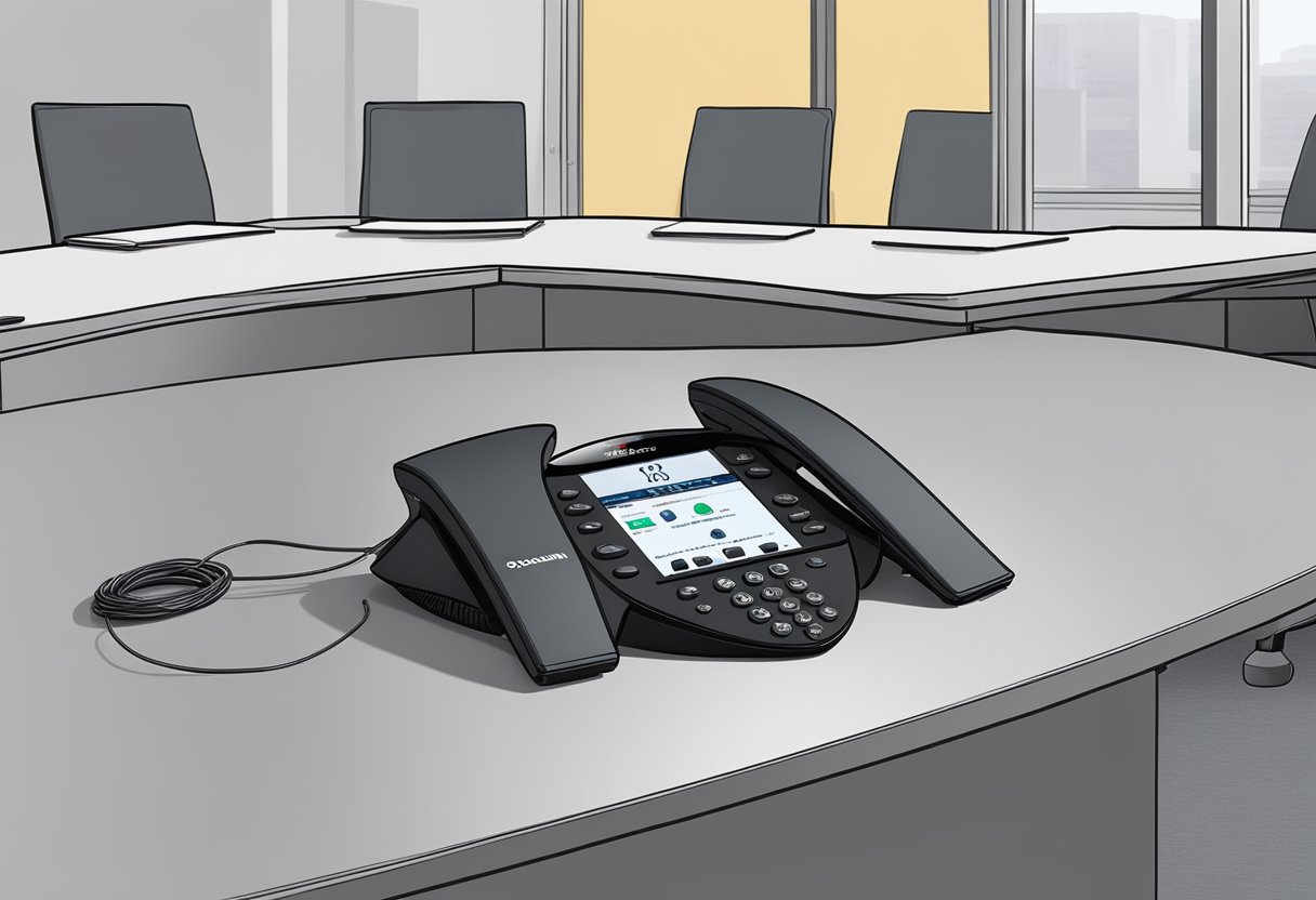 The Polycom SoundStation IP 6000 Conference Phone 4547 is placed on a conference table, with cables neatly connected to a power source and network
