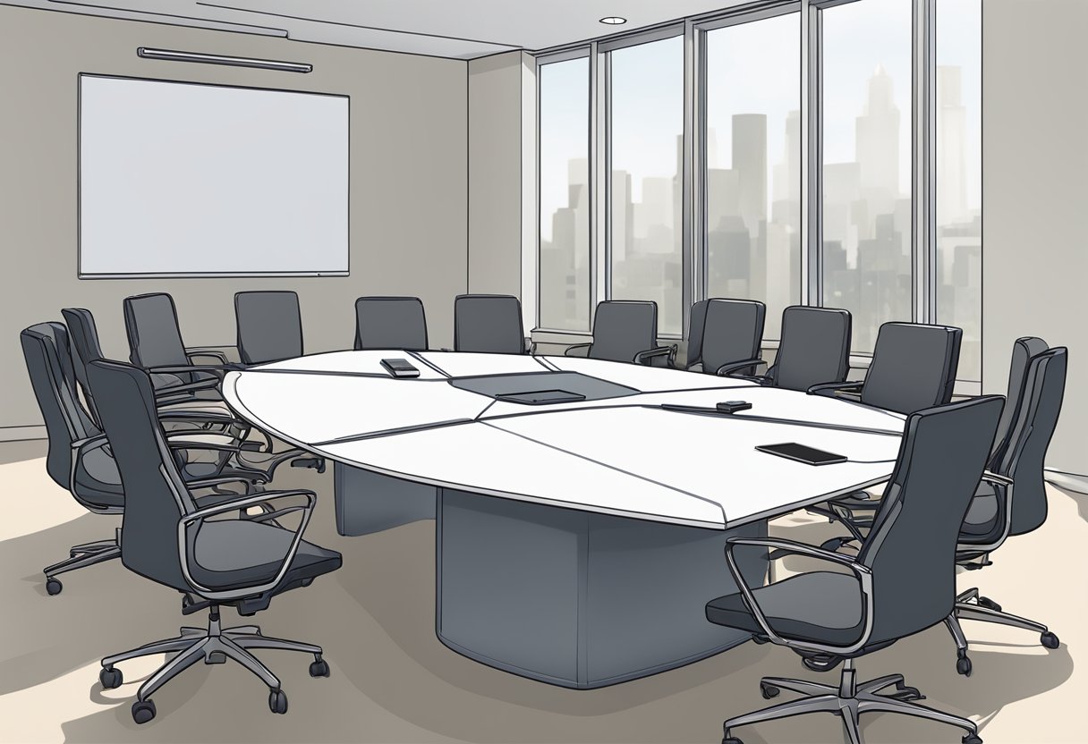 A Polycom SoundStation 2 sits on a conference table, surrounded by chairs and a speakerphone