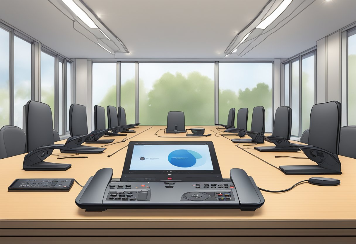 A Polycom SoundStation 2 is placed on a conference table, connected to a phone line and power source, with the microphone array spread out
