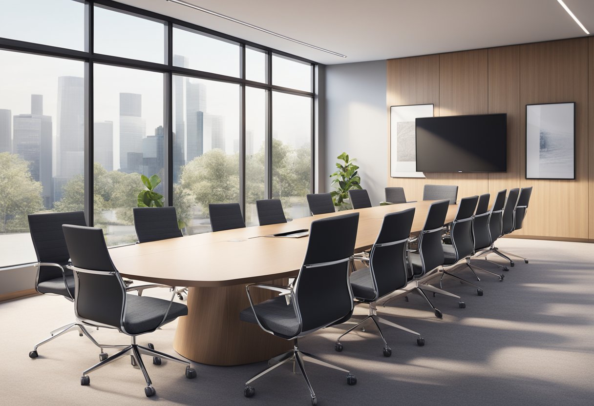 The SoundStation 2 Polycom sits on a sleek conference table, surrounded by a group of chairs. The room is filled with natural light and modern decor, creating a professional and inviting atmosphere
