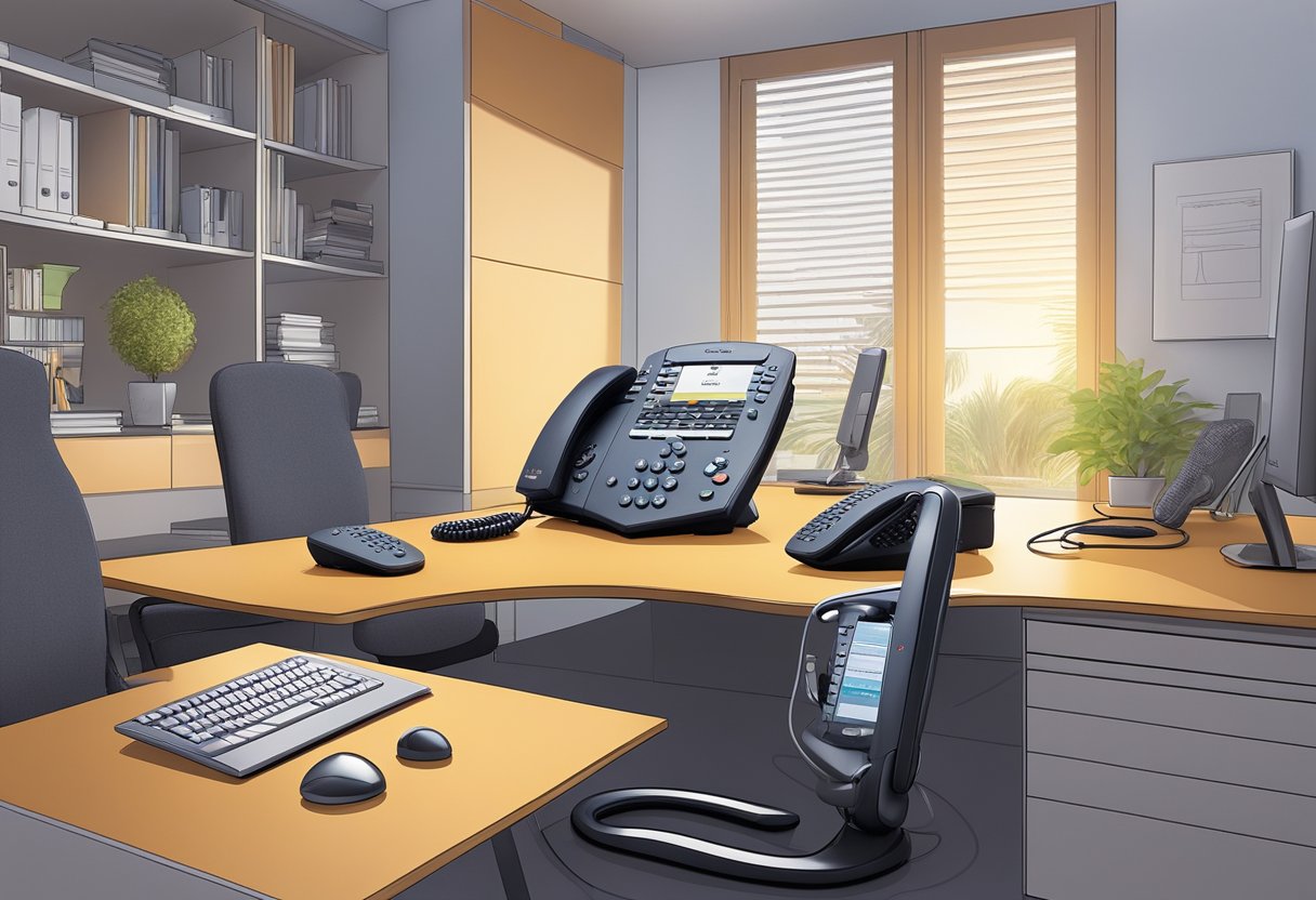 The Polycom VoiceStation 4550 sits on a sleek, modern desk, surrounded by other office equipment. The device is illuminated by soft, ambient lighting, casting a warm glow on its smooth, polished surface