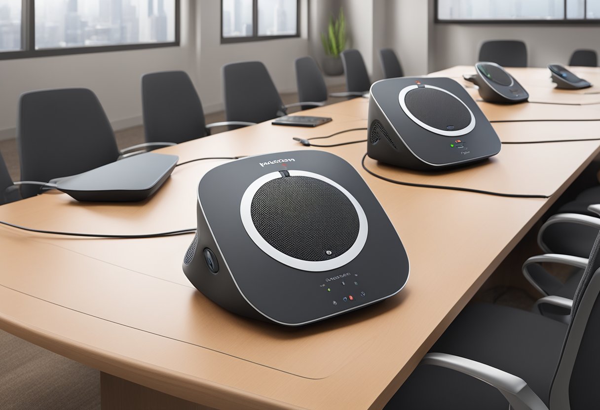 Two Polycom speakerphones side by side on a conference table, with cables connected and indicator lights on