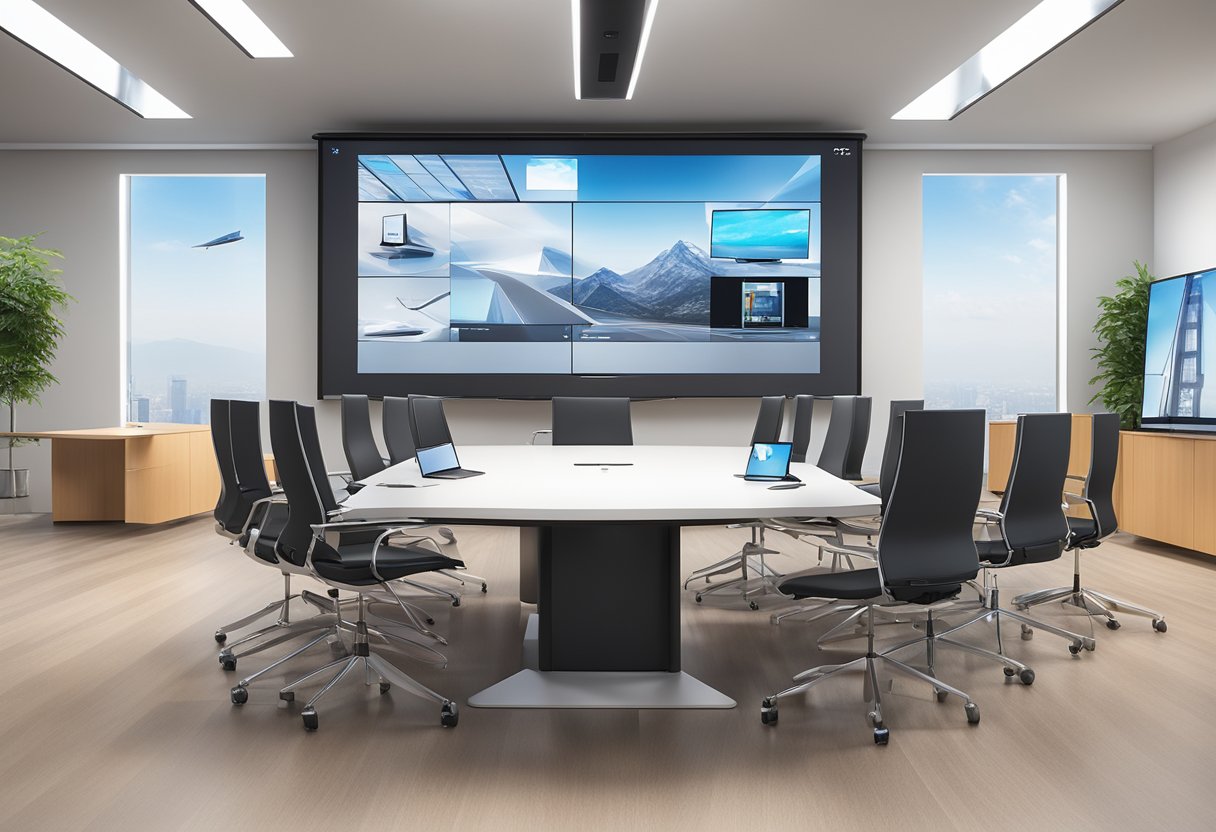 A sleek Sony 3D TelePresence Solution 6835 sits on a modern conference room table, surrounded by high-tech communication equipment and a large display screen