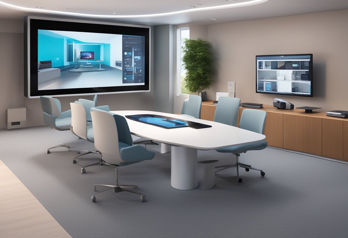 A sleek, modern room with Sony 3D TelePresence Solution 6835 at its center, surrounded by high-tech equipment and a clean, professional aesthetic