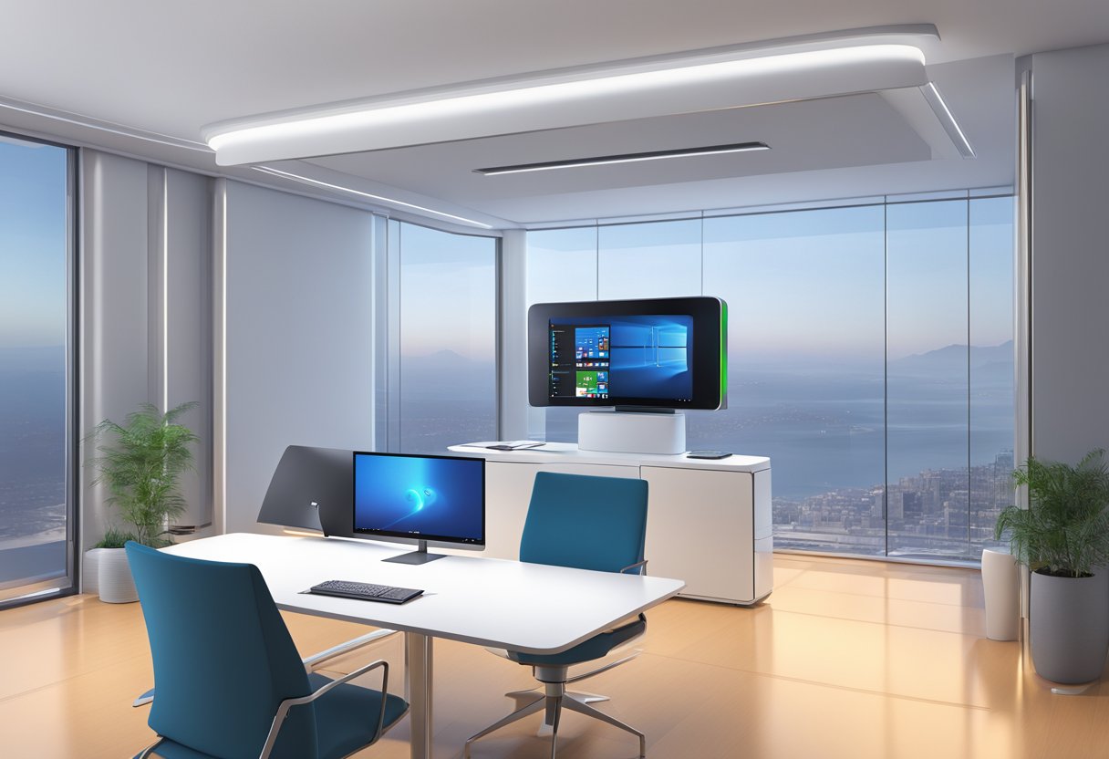 A sleek, modern Sony 3D TelePresence Solution 6835 in a minimalist, high-tech environment with clean lines and futuristic lighting