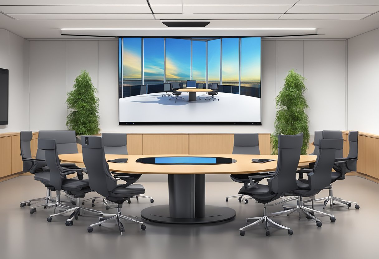 A sleek, modern Sony 3D TelePresence Solution 6835 sits on a conference room table, with its high-resolution display and advanced camera and microphone array ready for a virtual meeting