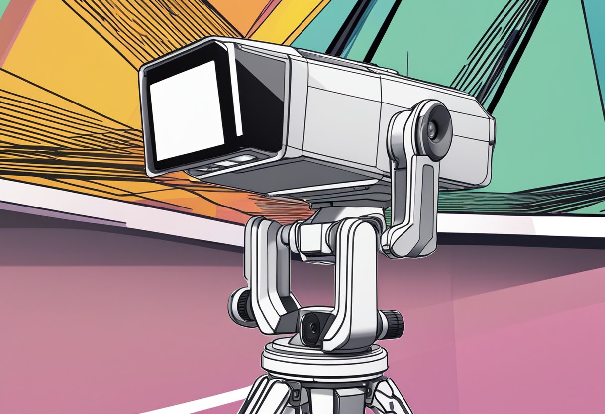 The SONY BRC300 Robotic PTZ Camera 4484 is positioned on a tripod, facing a well-lit stage with a colorful backdrop