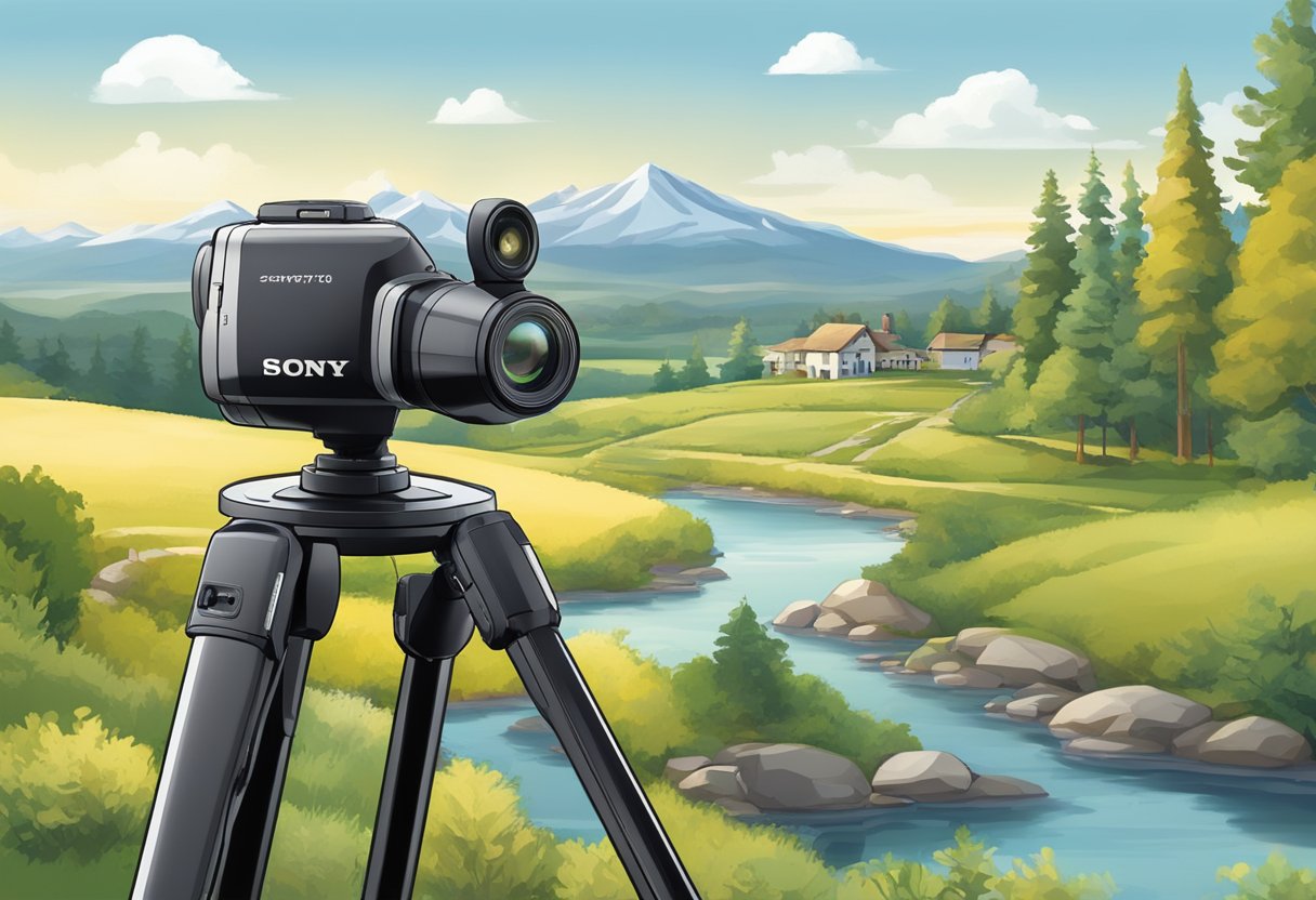 A SONY BRC300 Robotic PTZ Camera is mounted on a tripod, facing a scenic landscape with clear focus and a wide angle view