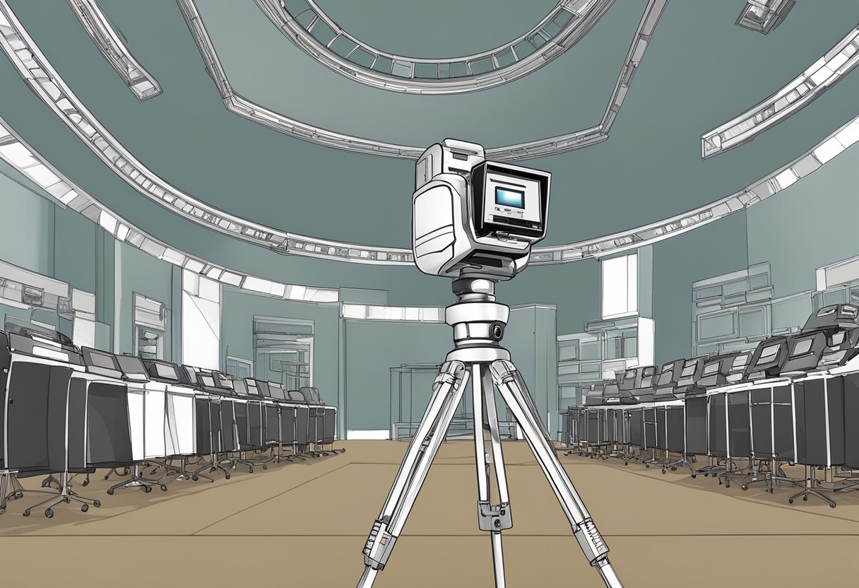 The SONY BRC300 Robotic PTZ Camera is positioned on a tripod, facing a well-lit stage with a wide-angle view