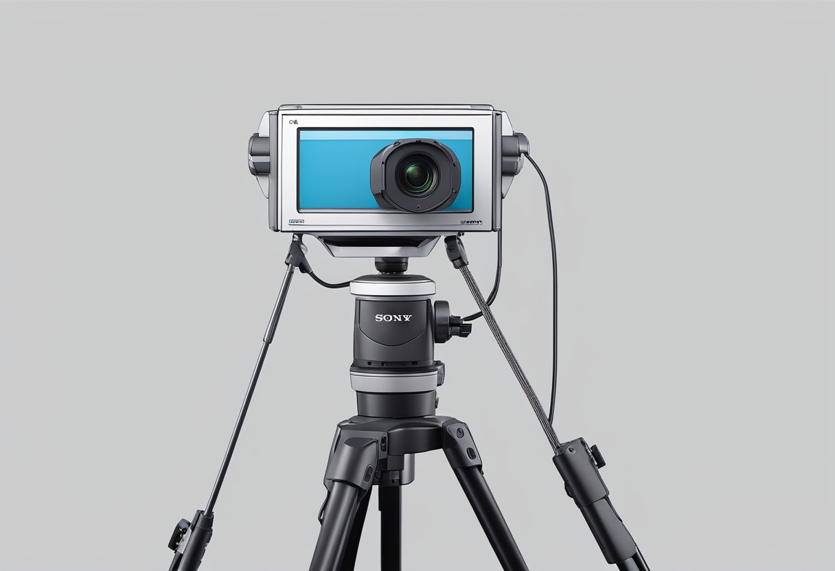 A SONY BRC300 Robotic PTZ Camera positioned on a tripod, facing a blank backdrop, with cables connected to a control panel