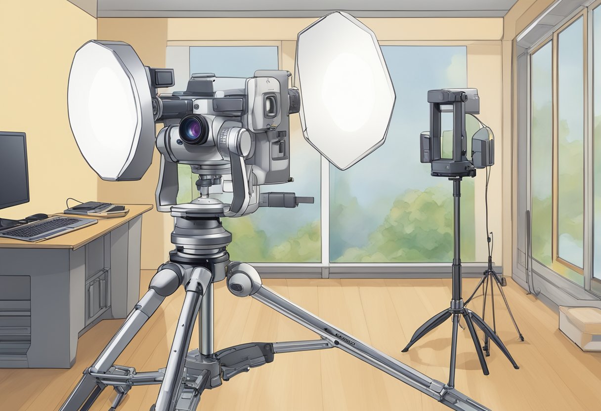 A SONY BRC300 Robotic PTZ Camera is mounted on a tripod in a well-lit studio. The camera is facing forward with its lens pointed towards the center of the room