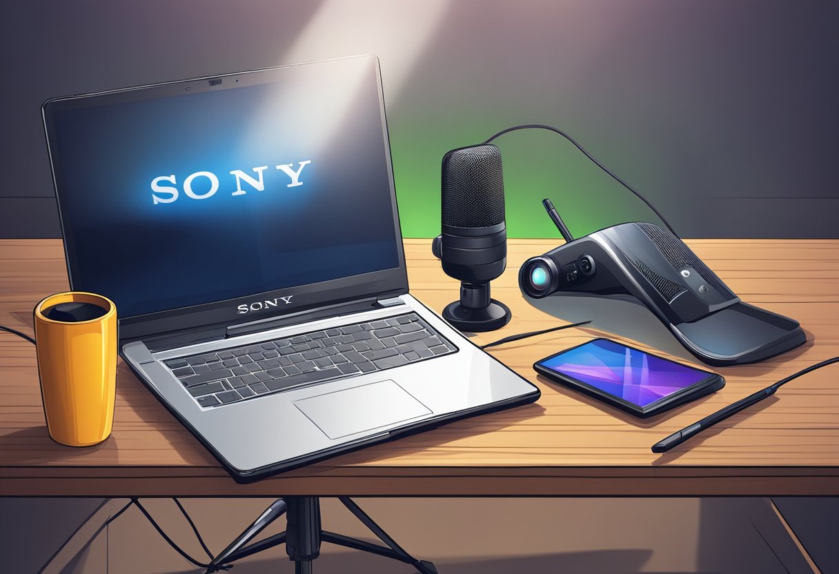 A table with a laptop, webcam, and microphone. A backdrop with the Sony logo. Lighting equipment for a professional setup
