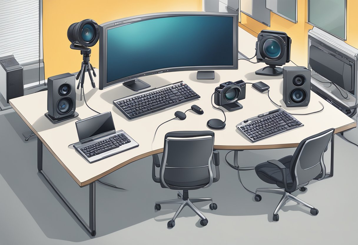 A table with Sony products for live conferencing: cameras, microphones, and monitors. Cables and connectors neatly arranged. Bright lighting and a professional backdrop