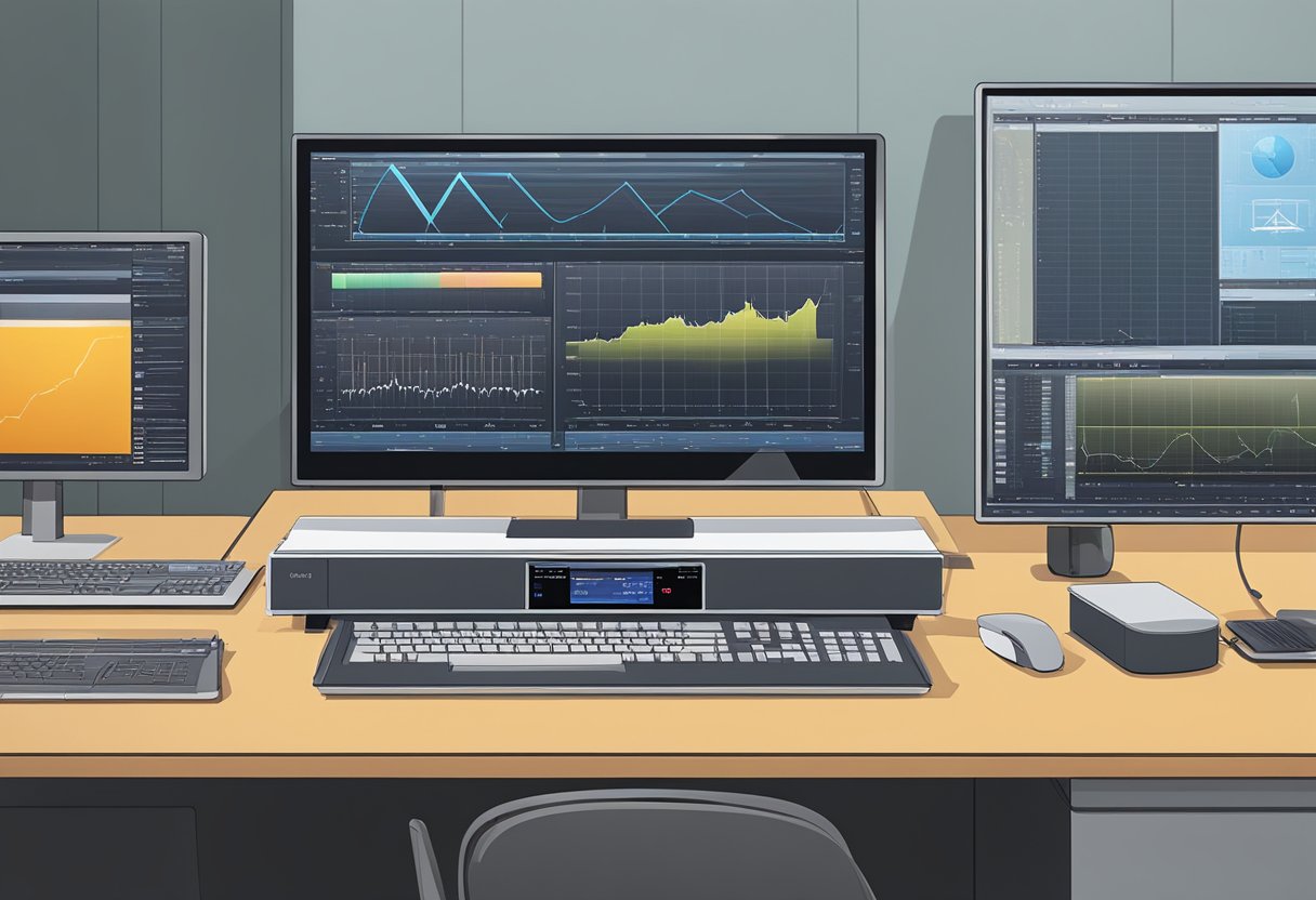 A TANDBERG 3000 MXP Codec 3150 sits on a sleek, modern desk, surrounded by high-tech communication equipment