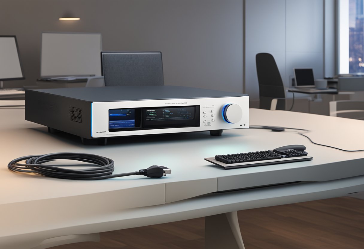 The TANDBERG 3000 MXP Codec 3150 sits on a sleek, modern desk, surrounded by various cables and connectors. The device is illuminated by soft overhead lighting, casting a subtle glow on its smooth, metallic surface